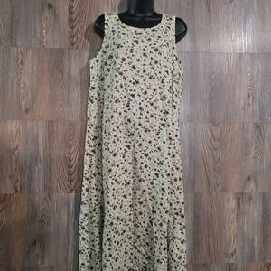 Vintage Linen Blend Floral Midi Dress Size L Cottagecore Neutral Button Accent